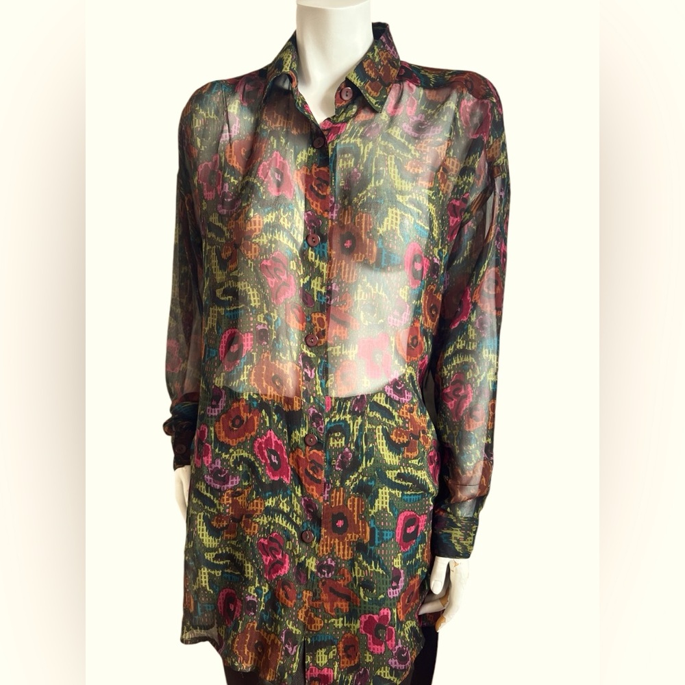Vintage Adam Douglass Silk Oversized Button Down Top / Floral Sheer / La…